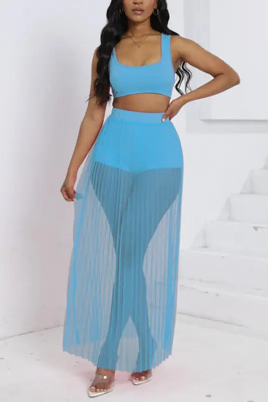 Crop Top Shorts Pleated Mesh Maxi Skirt Set (S-2XL) - S