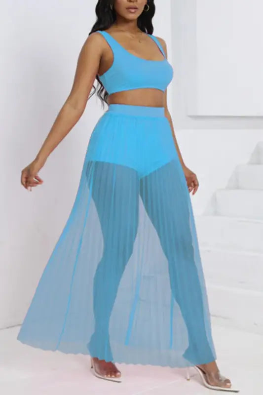 Crop Top Shorts Pleated Mesh Maxi Skirt Set (S-2XL) - Sets