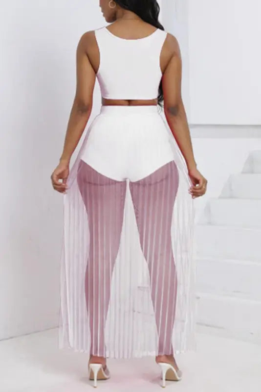 Crop Top Shorts Pleated Mesh Maxi Skirt Set (S-2XL) - Sets