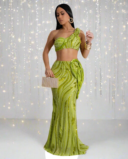 Woman wearing a green dress with a white background