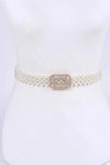 Crystal Buckle Pearl Elastic Belt - 25.5 inches / White