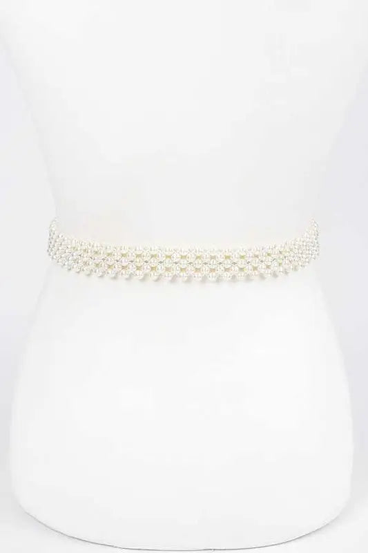 Crystal Buckle Pearl Elastic Belt - 25.5 inches / White