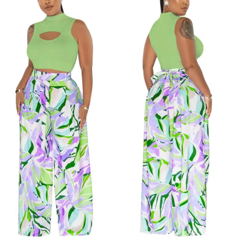 Cut-Out Crop Top And Watercolor Pant Set - Sets
