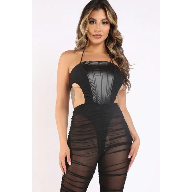 Cut - Out Ruched Mesh Jumpsuit with Faux Leather Corset