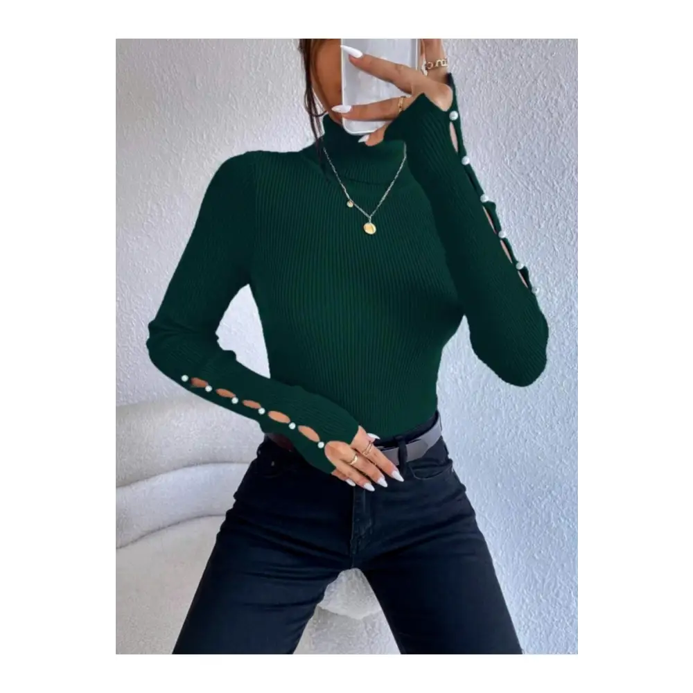 Cut - out Turtleneck Rib - Knit Sweater - Pullover Sweaters
