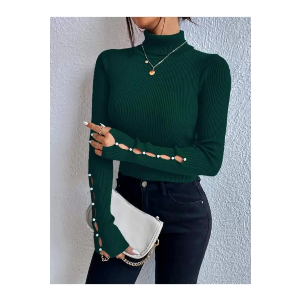 Cut - out Turtleneck Rib - Knit Sweater - Pullover Sweaters