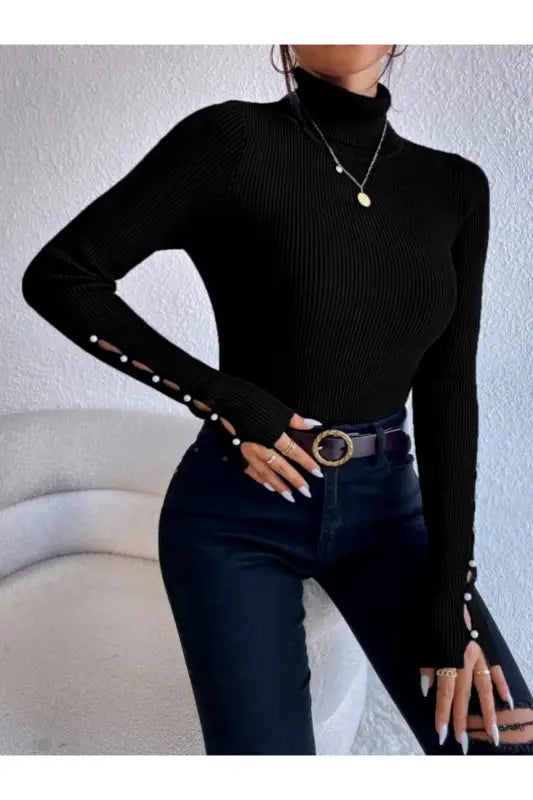 Cut-out Turtleneck Rib-Knit Sweater - Pullover Sweaters