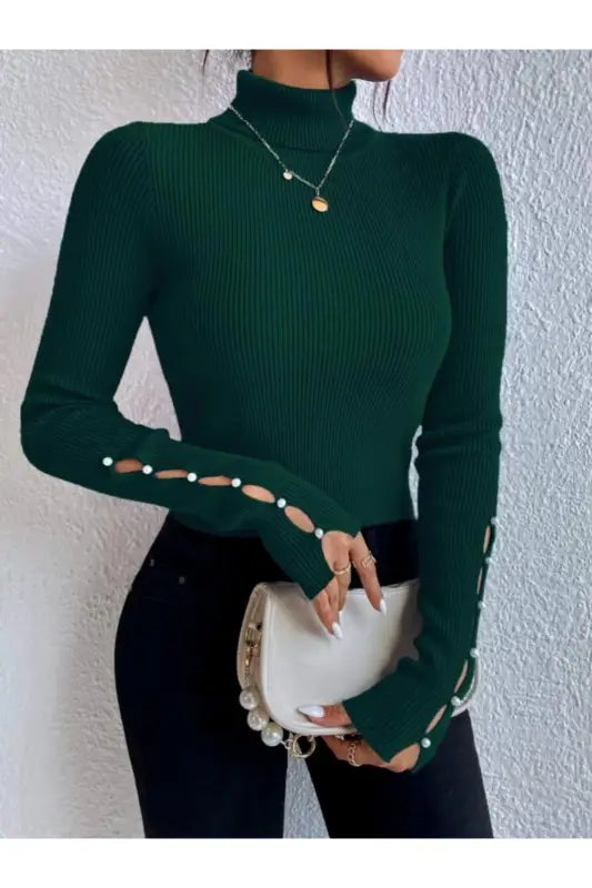 Cut-out Turtleneck Rib-Knit Sweater - S / Green - Pullover