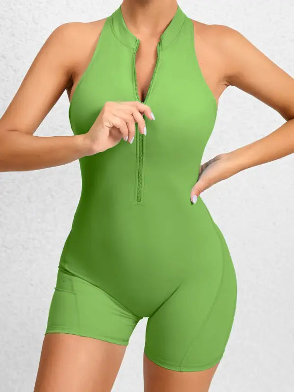 Cutout Ruched Half Zip Active Romper - Green / S - Rompers