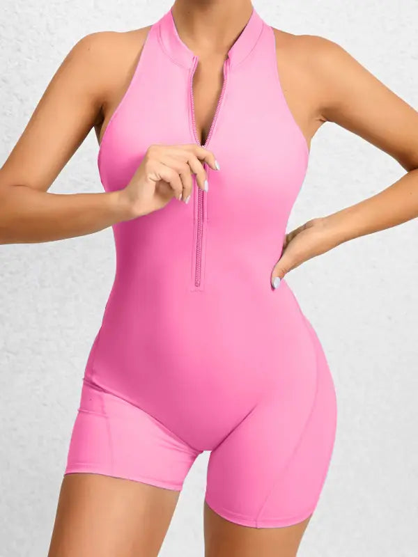 Cutout Ruched Half Zip Active Romper - Pink / S - Rompers