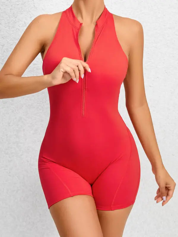 Cutout Ruched Half Zip Active Romper - Red / S - Rompers