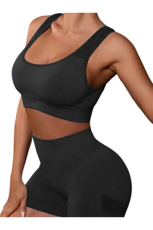 Cutout Scoop Neck Tank and Shorts Active Set - Black / S