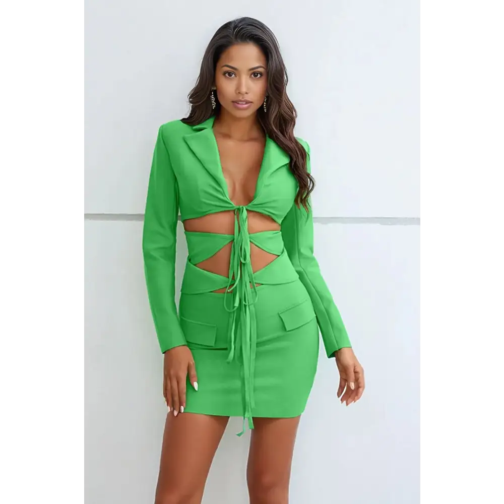 Cutout Tied Blazer and Skirt Set - S / Green - Mini Sets