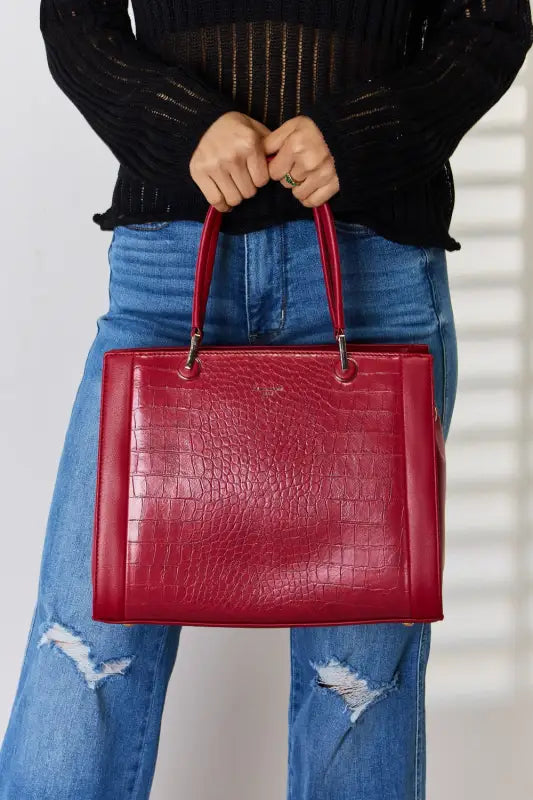 David Jones Texture PU Leather Handbag - Deep Red - Handbags