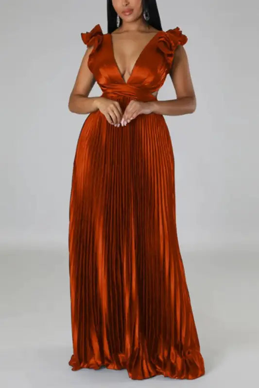 Deep V-neck Backless Lace-up Maxi Dress - S / Orange