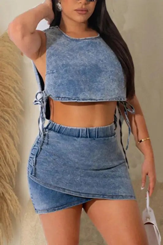 Denim Lace-up Crop Vest Mini Skirt Set - S / Blue - Sets
