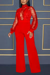Dime Piece Mesh Sequin Belted Jumpsuit - S / Red - Jumpsuits