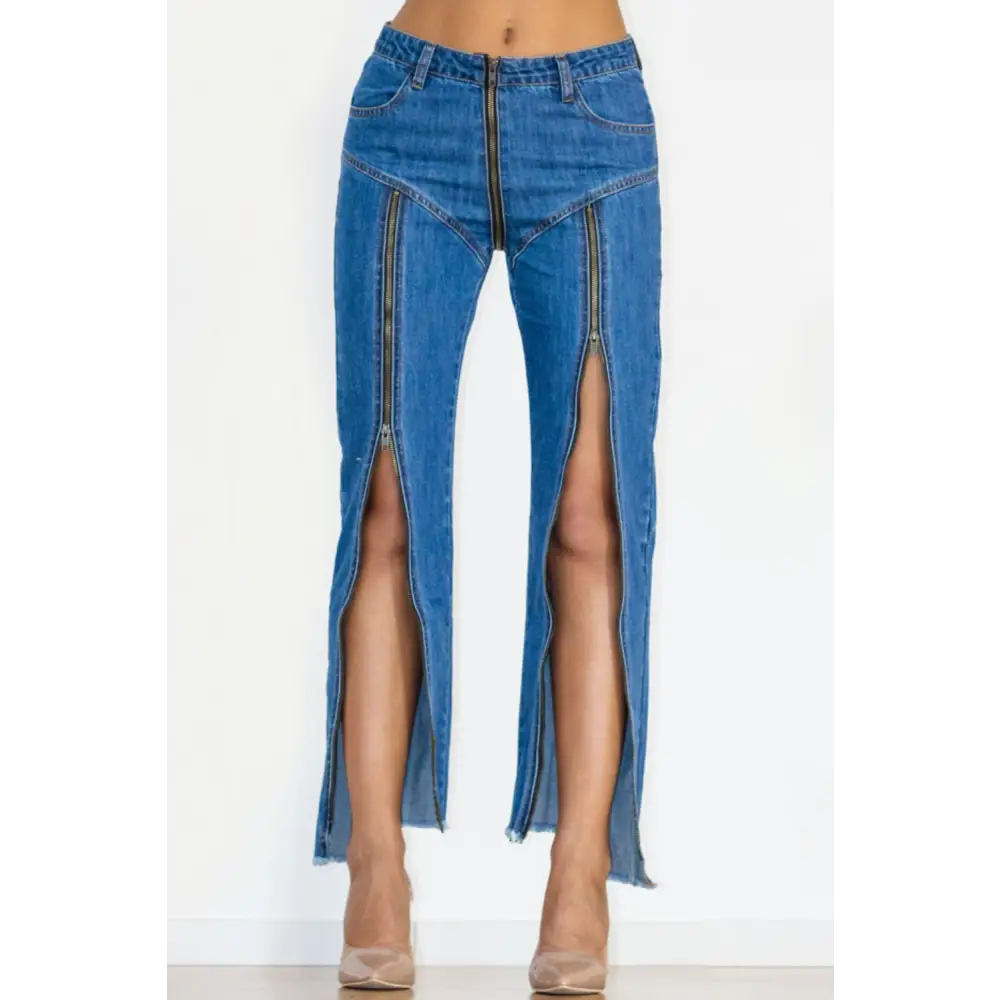 Diva Style Zip Detail Slit Open Jeans - Denim