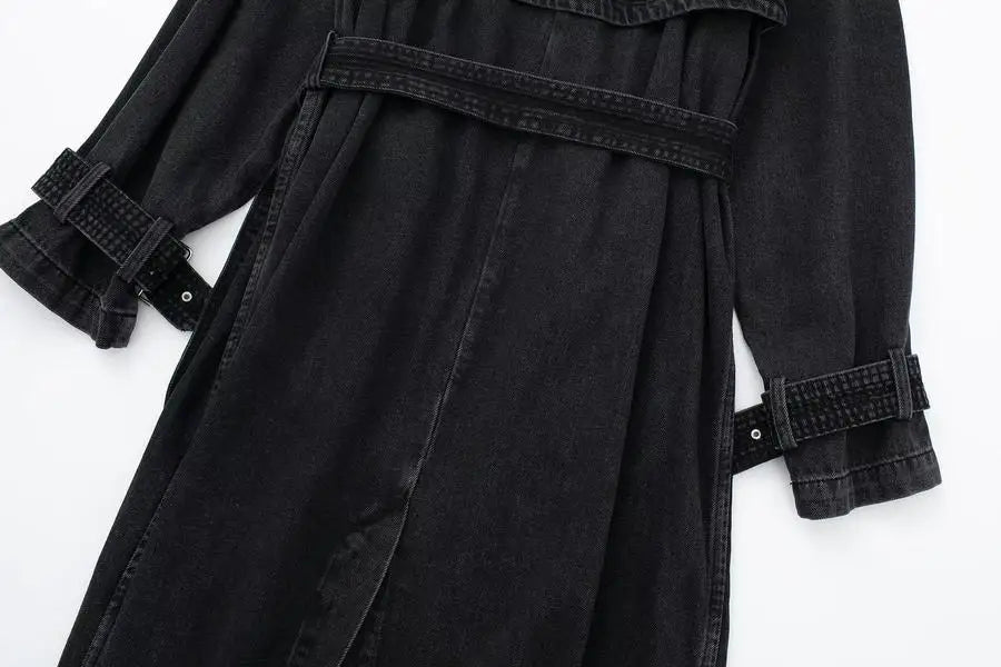 Double Breasted Denim Trench Coat With Adjustable Belt