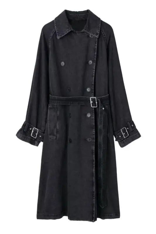 Double Breasted Denim Trench Coat With Adjustable Belt - XS