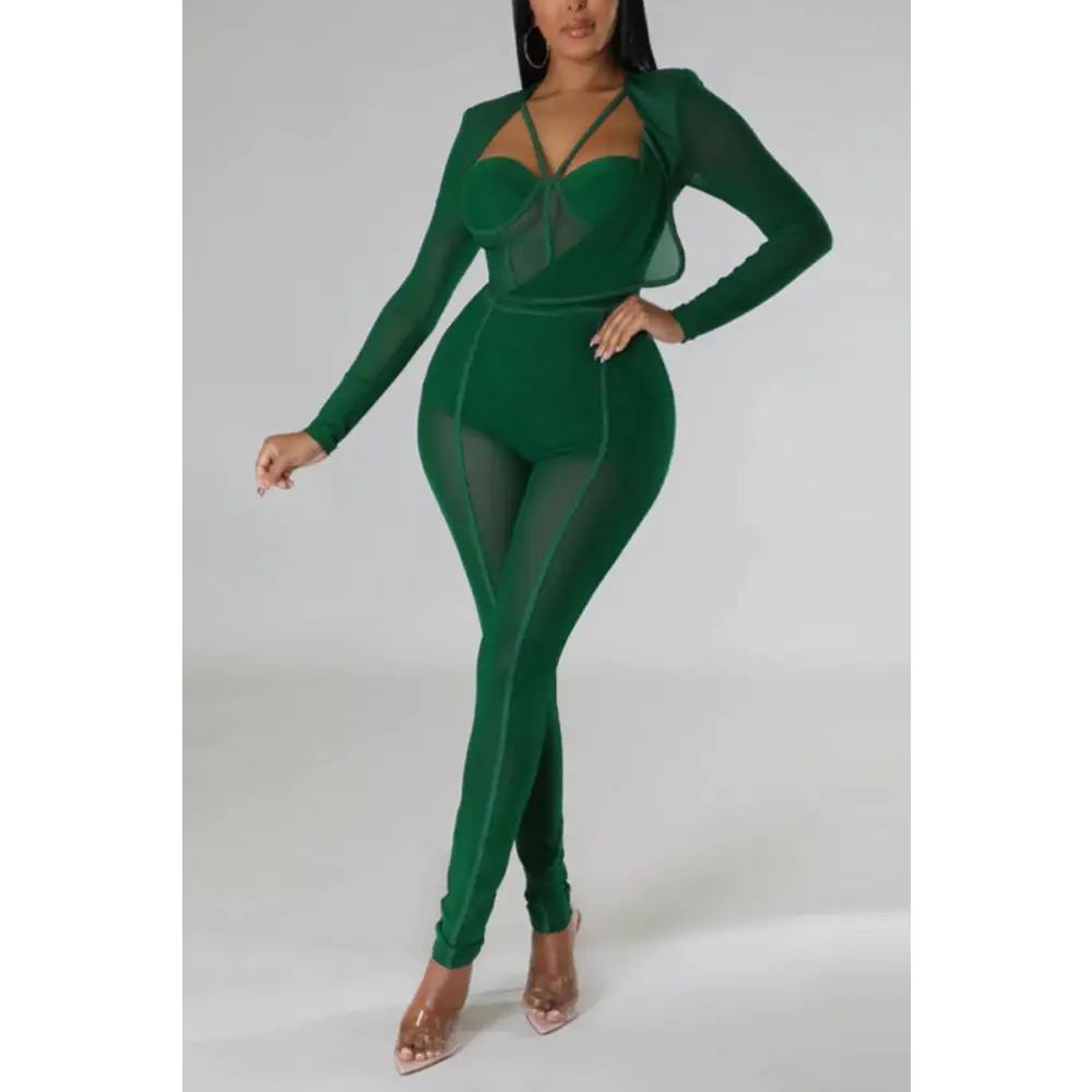Double Dose Sheer Romper Jumpsuit (S - 2XL) - S / Green