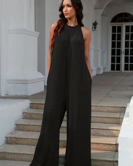 Double Take Tie Back Cutout Sleeveless Jumpsuit (S-3XL)