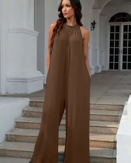 Double Take Tie Back Cutout Sleeveless Jumpsuit (S-3XL)