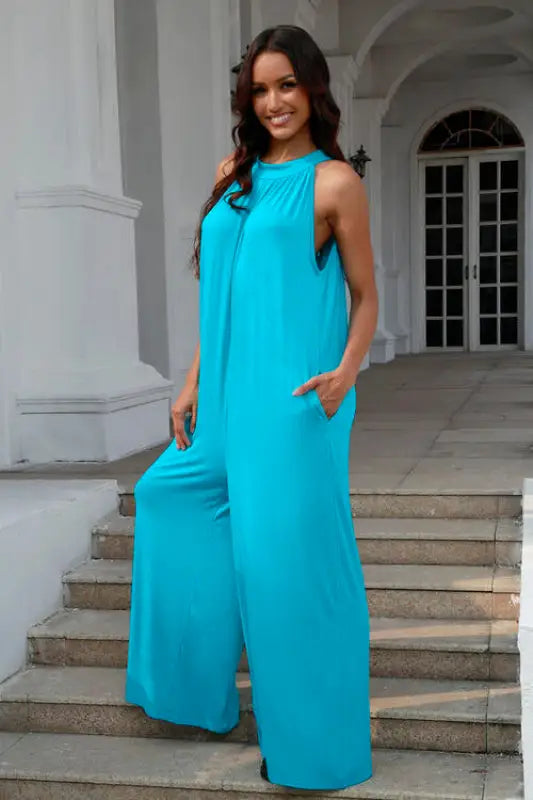 Double Take Tie Back Cutout Sleeveless Jumpsuit (S-3XL)