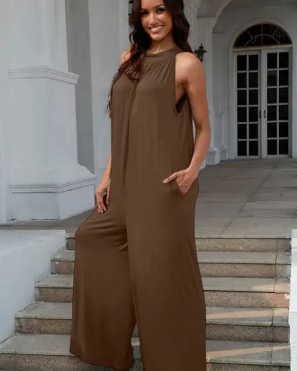Double Take Tie Back Cutout Sleeveless Jumpsuit (S-3XL)