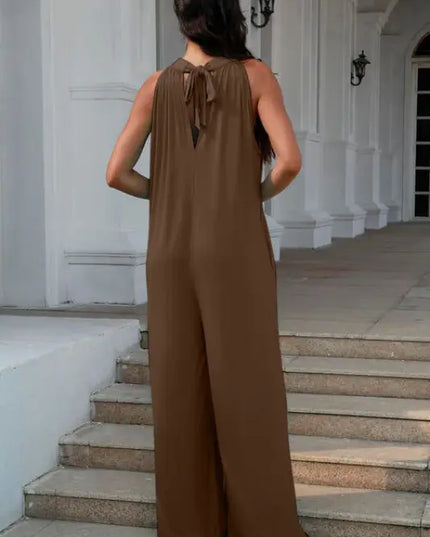 Double Take Tie Back Cutout Sleeveless Jumpsuit (S-3XL)