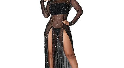 Black sheer dress with long sleeves and high slit on a white background