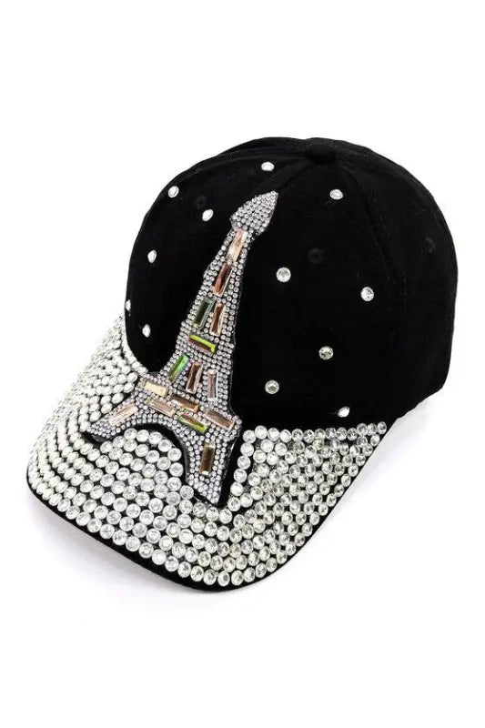 Eiffel Tower Paris Rhinestone Cap - Black - Baseball Hats
