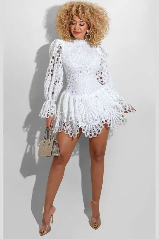 Elegant Dolly Lace Flared Mini dress - S / White - Dresses