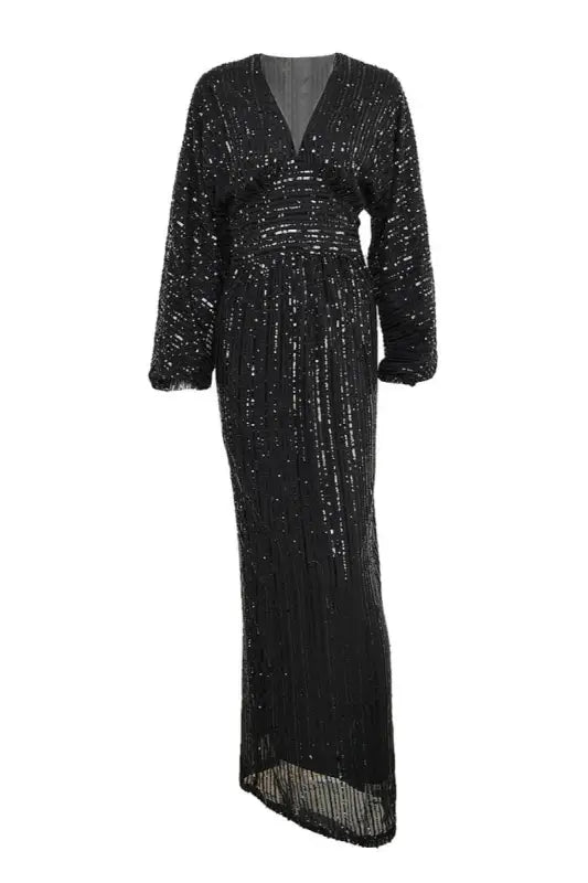 Empire Waist Zip-Up Sequin Maxi Dress (S-2XL) - Dresses
