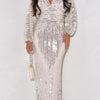 Empire Waist Zip-Up Sequin Maxi Dress (S-2XL) - L / Beige