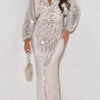 Empire Waist Zip-Up Sequin Maxi Dress (S-2XL) - S / Beige