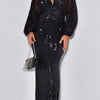 Empire Waist Zip-Up Sequin Maxi Dress (S-2XL) - S / Black