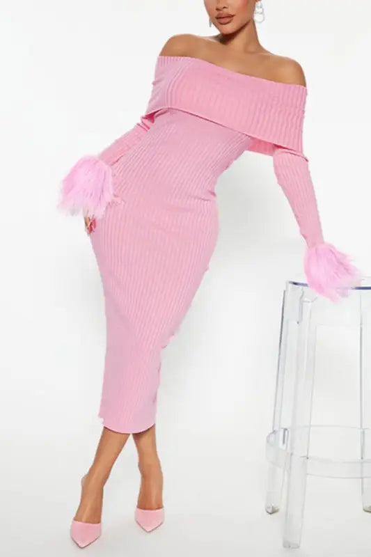 Essence Off Shoulder Faux Fur Sleeve Midi Sweater Dress