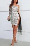 Exceptional Zebra Sequin Print High Slit Mini Dress - S