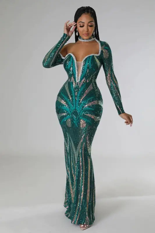 Exquisite Collar Floor Length Sequin Dress - S / Green