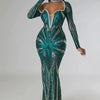 Exquisite Collar Floor Length Sequin Dress - S / Green