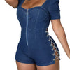 Eyelet Metal-Chain Detailed Denim Romper (S-2XL) - S / Dark