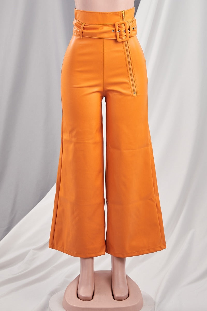 High Waist PU Leather Belted Trousers