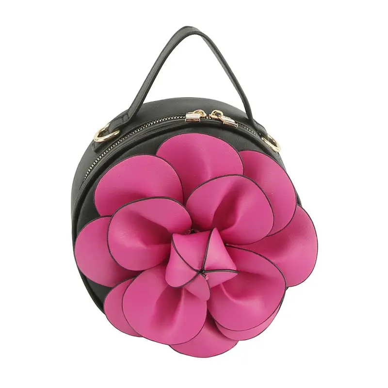 Fashion 3D Flower Round Crossbody Bag - Fuchsia - Bags