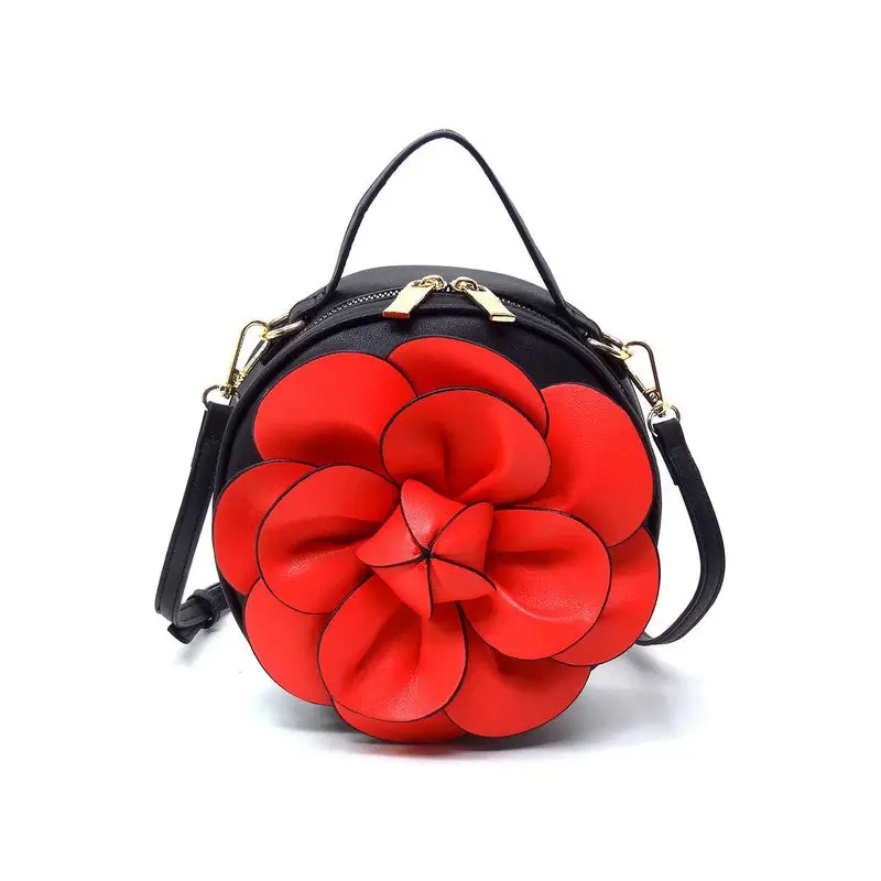 Fashion 3D Flower Round Crossbody Bag - Red - Bags