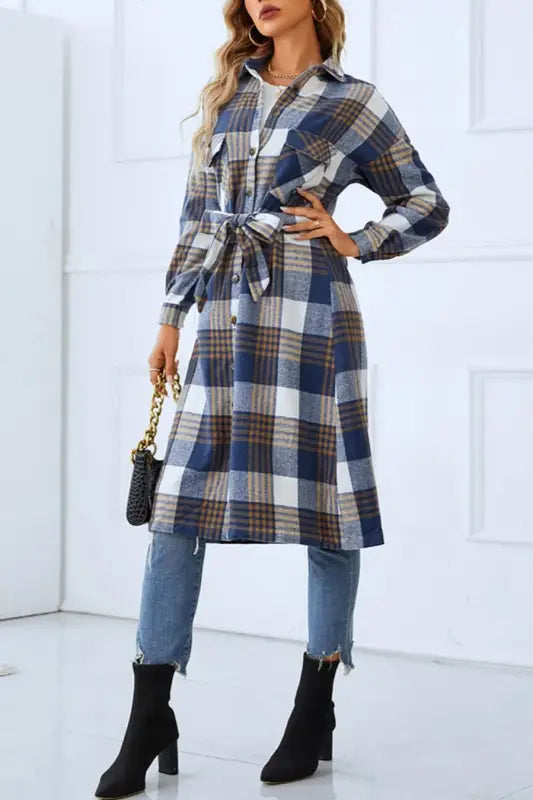 Flannel Single-Breasted Shirt With Belt - Long Sleeve Tops