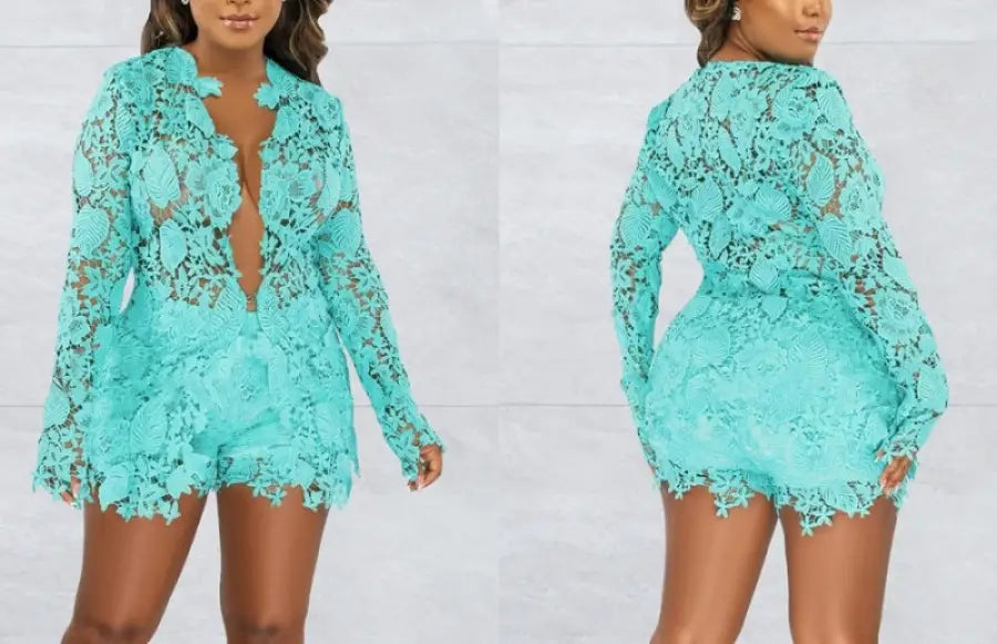Floral Lace Pattern Deep V Neck Top and Short Set (S-2XL)
