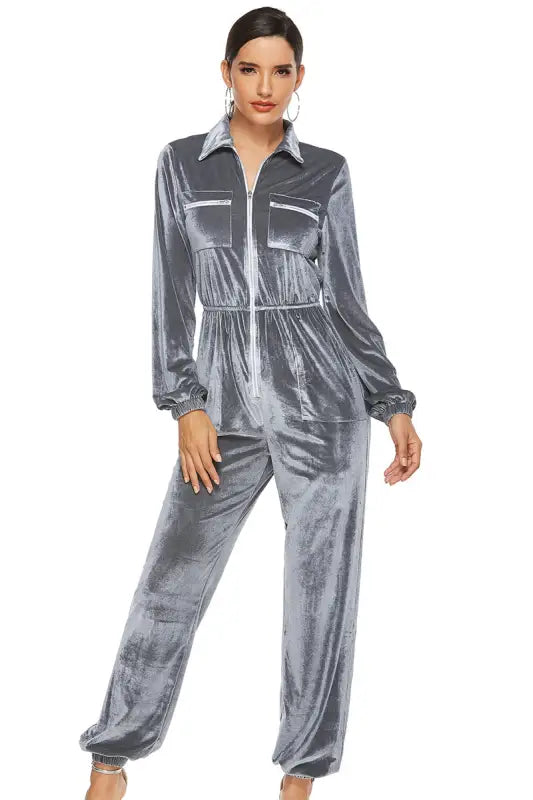 Flowy Velvety Smooth Pocketed Jumpsuit - S / Gray