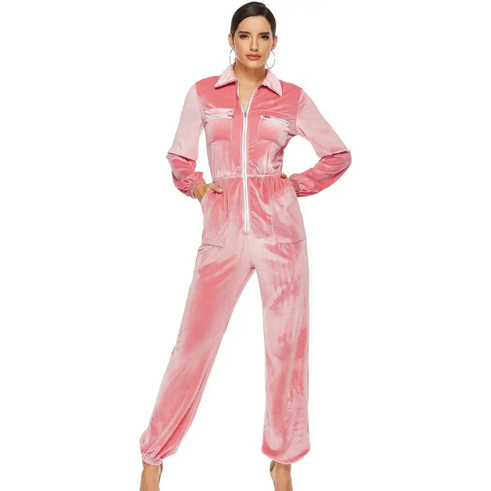 Flowy Velvety Smooth Pocketed Jumpsuit - S / Pink