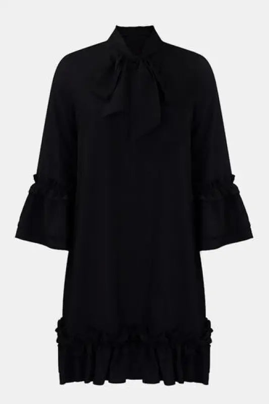 Frill Tie Neck Three-Quarter Sleeve Dress - S / Black